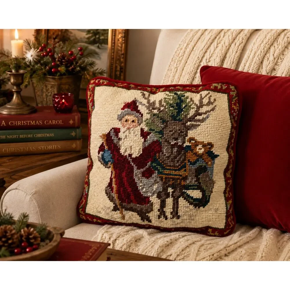 Vintage Christmas Accent Needlepoint Santa & Reindeer Pillow Red Velvet 9x9